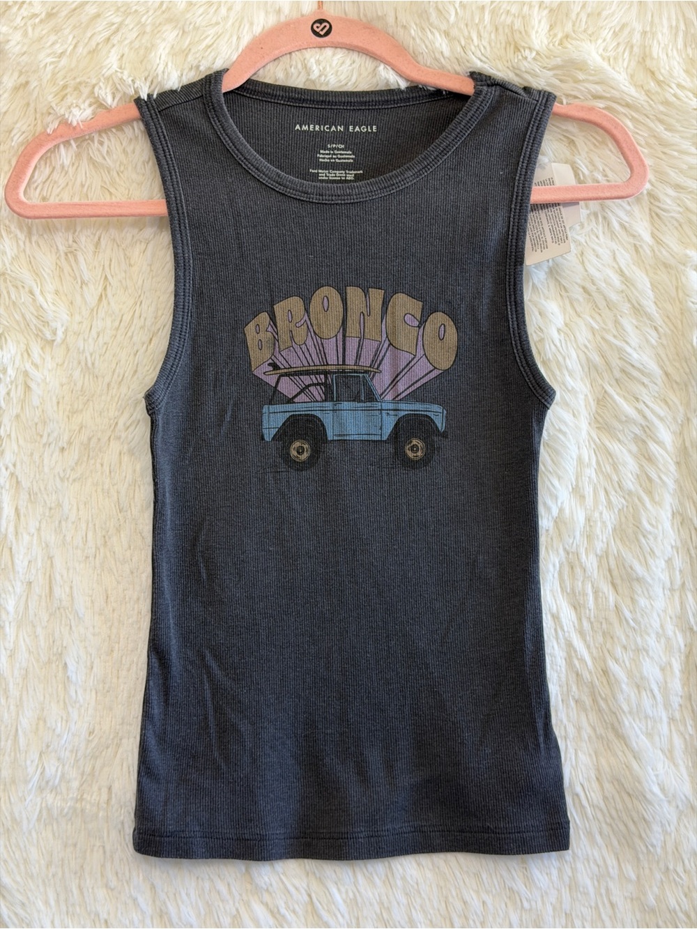 American Eagle Womens Granola Girl Ribbed Bronco Graphic Tank Top Size S Grey